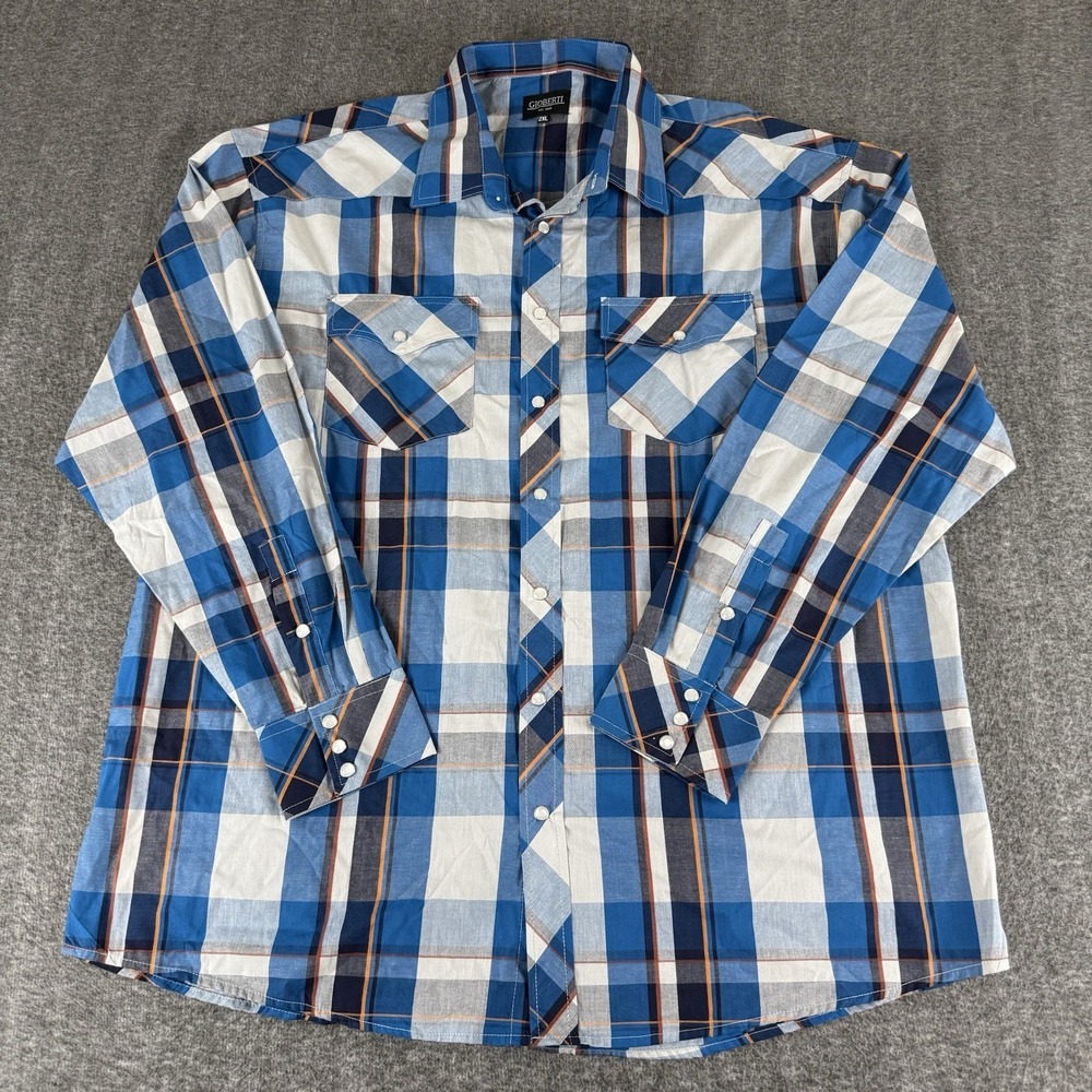 Gioberti Plaid Western Shirt Mens 2XL Blue Pearl Snap Long Sleeve